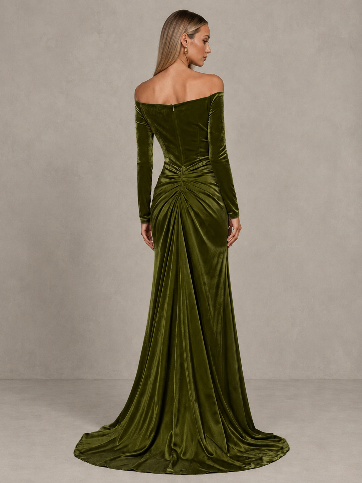 BOLODOO Olive Green Off-Shoulder Velvet Evening Gown with High Slit - Olive Green - Olive Green_2
