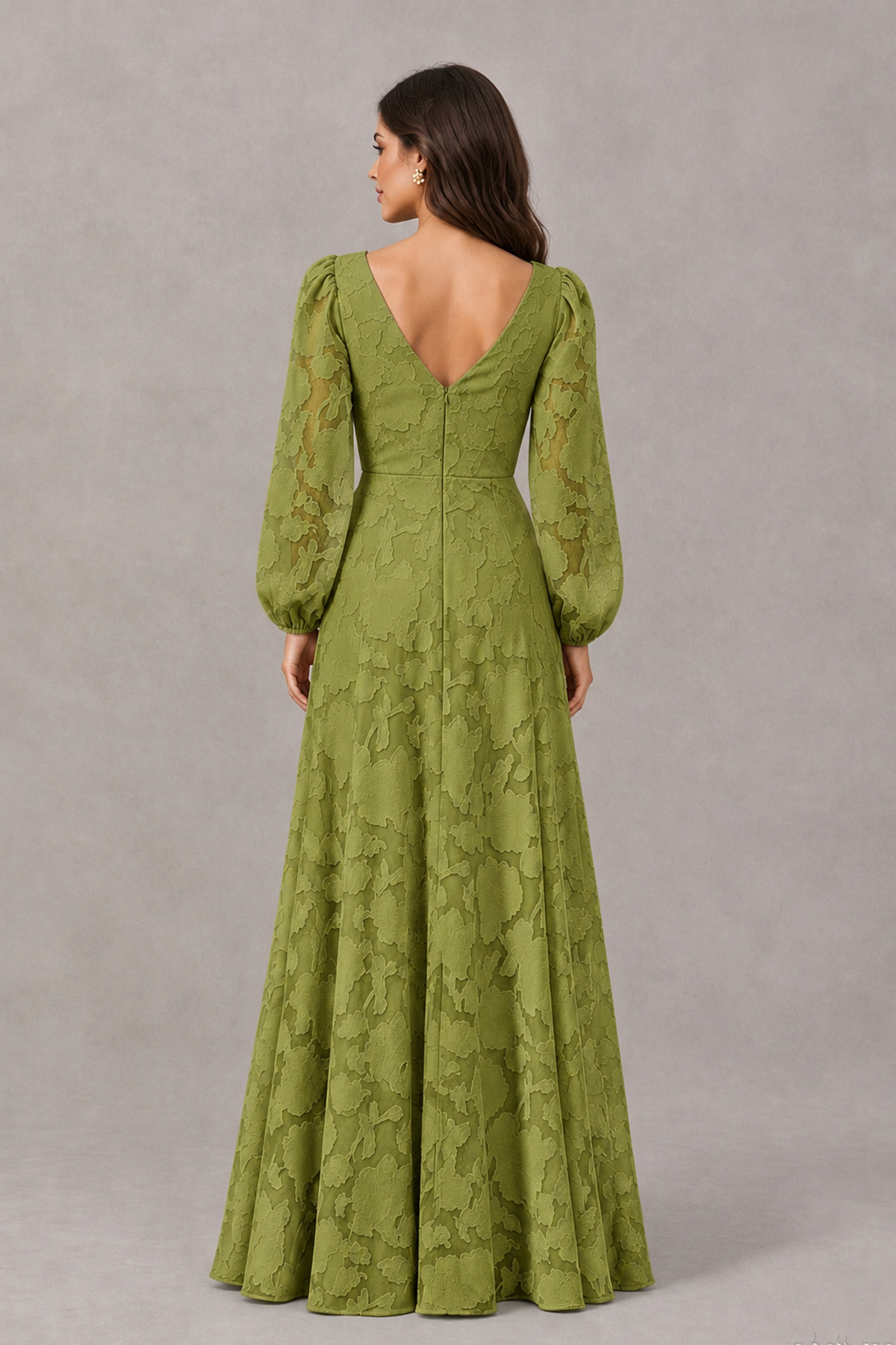BOLODOO Olive Green Long Sleeve V-Neck A-Line Mother of the Bride Dress - Olive Green - Olive Green_2
