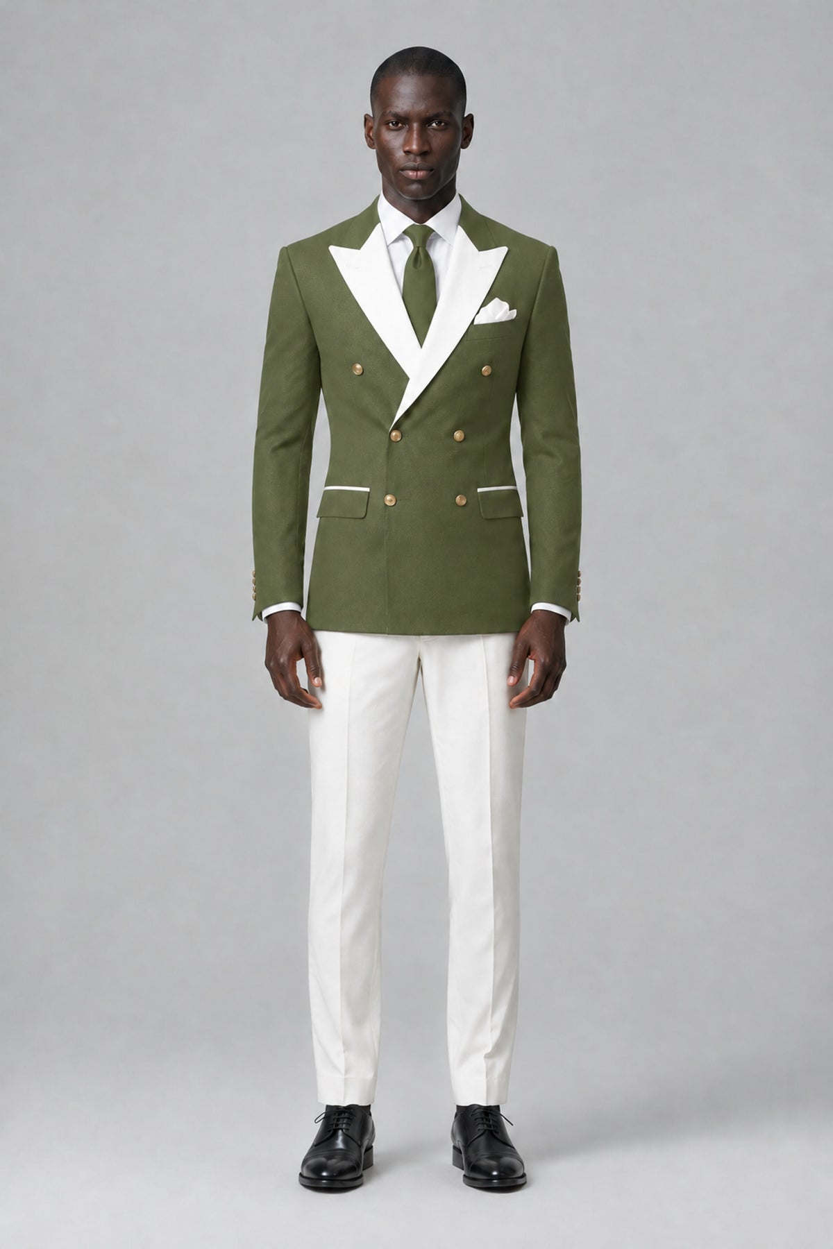 BOLODOO Men's Olive Green Double-Breasted Blazer & Cream Trousers Tuxeto 2-Piece Suit Set - Olive Green - Olive Green_2
