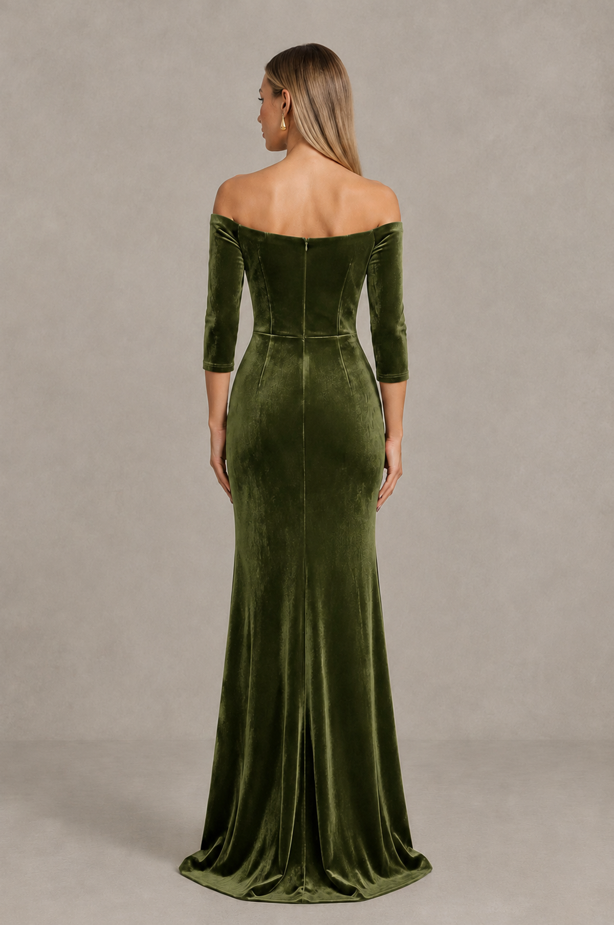 BOLODOO Olive Green Off-Shoulder Velvet Evening Dress with High Slit - Olive Green - Olive_Green_2