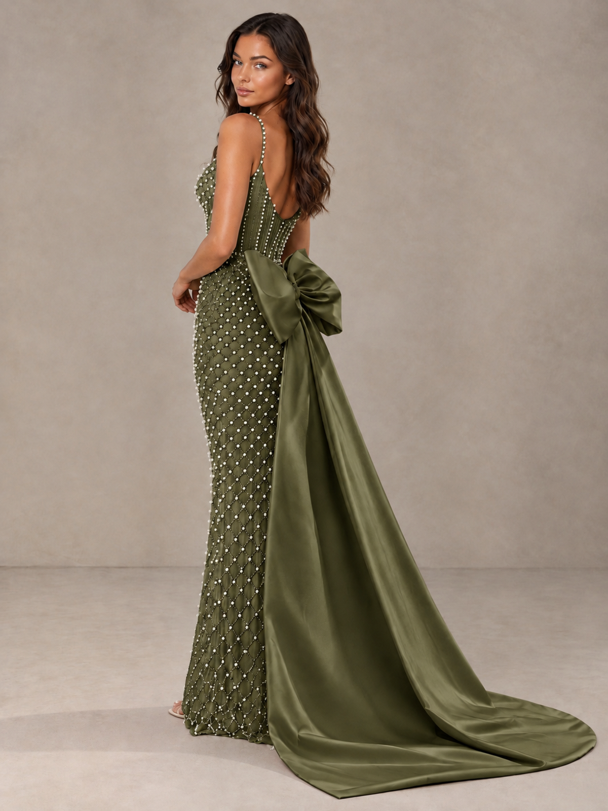BOLODOO Olive Green Beaded Corset Prom Dress with Bow Train - Olive Green - Olive_Green_2