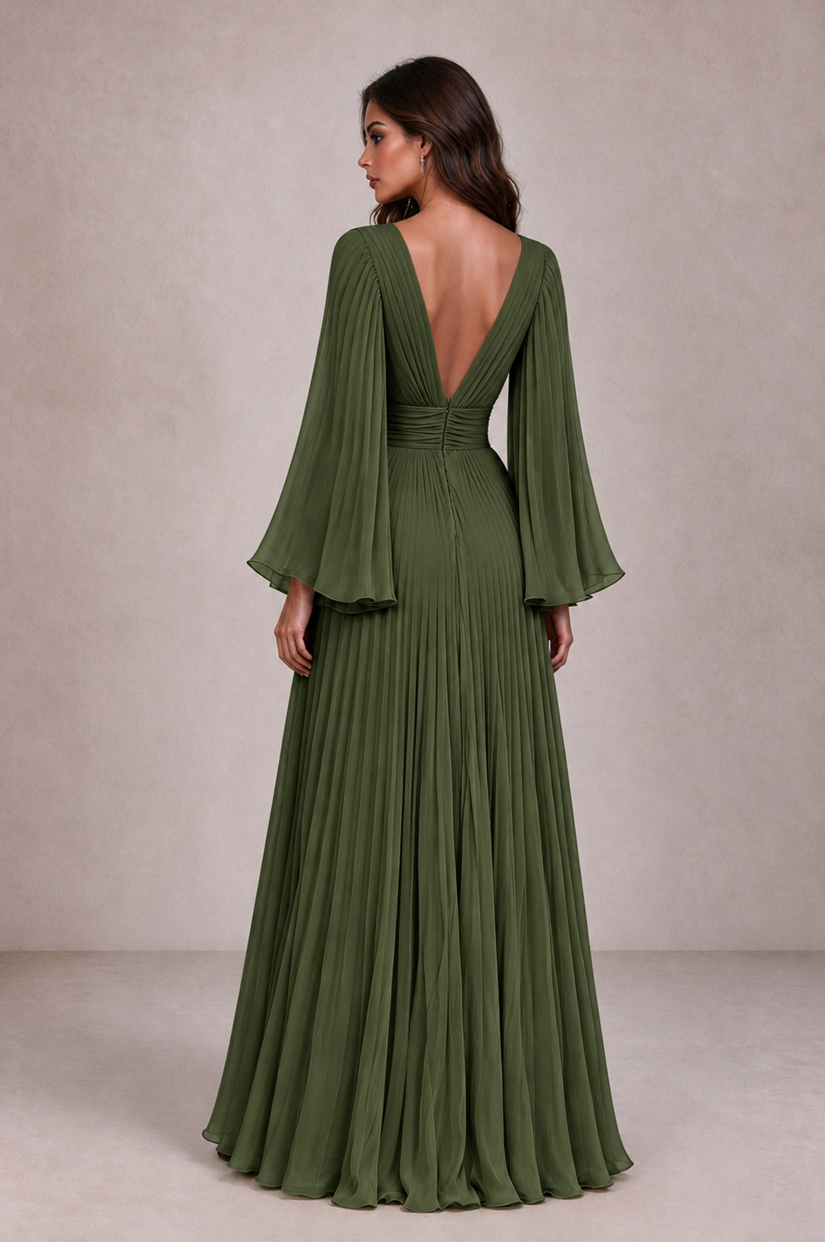 BOLODOO Olive Green Pleated Deep V-Neck Long Bell Sleeve Evening Dress - Olive Green - Olive_Green_2