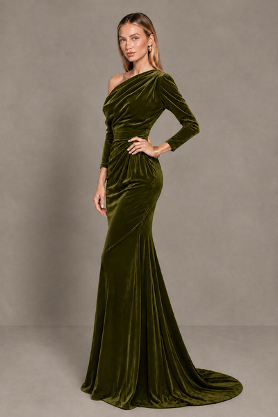 BOLODOO Olive Green Velvet Asymmetric Neck Mermaid Evening Dress - Olive Green - Olive Green_2