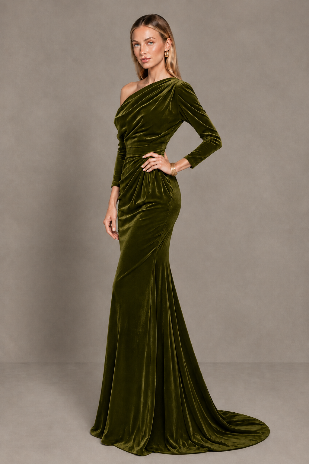 BOLODOO Olive Green Velvet Asymmetric Neck Mermaid Evening Dress - Olive Green - Olive Green_2