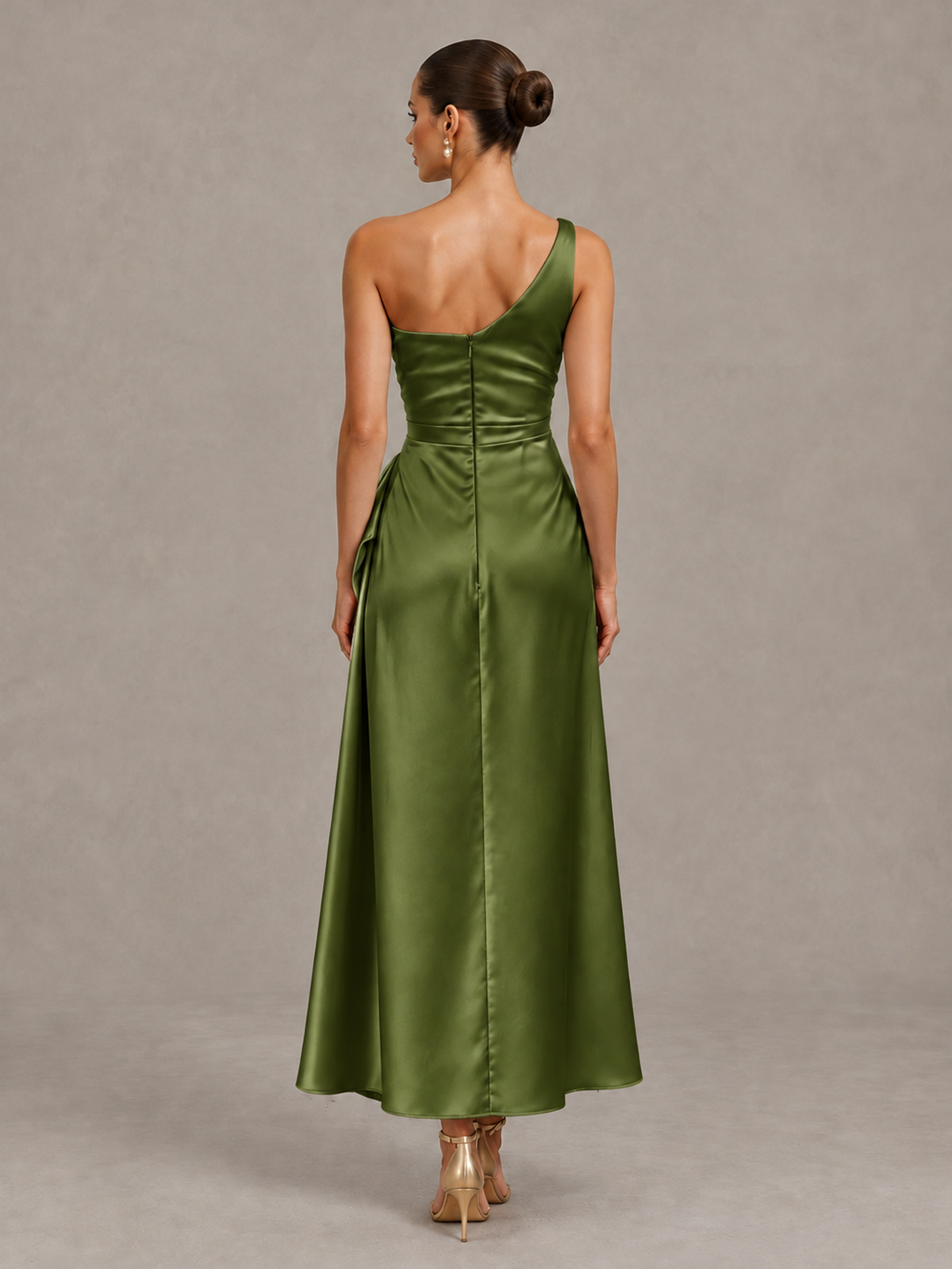 BOLODOO Olive Green One Shoulder Satin Cocktail Dress with Draped A-Line Skirt - Olive Green - Olive Green_2