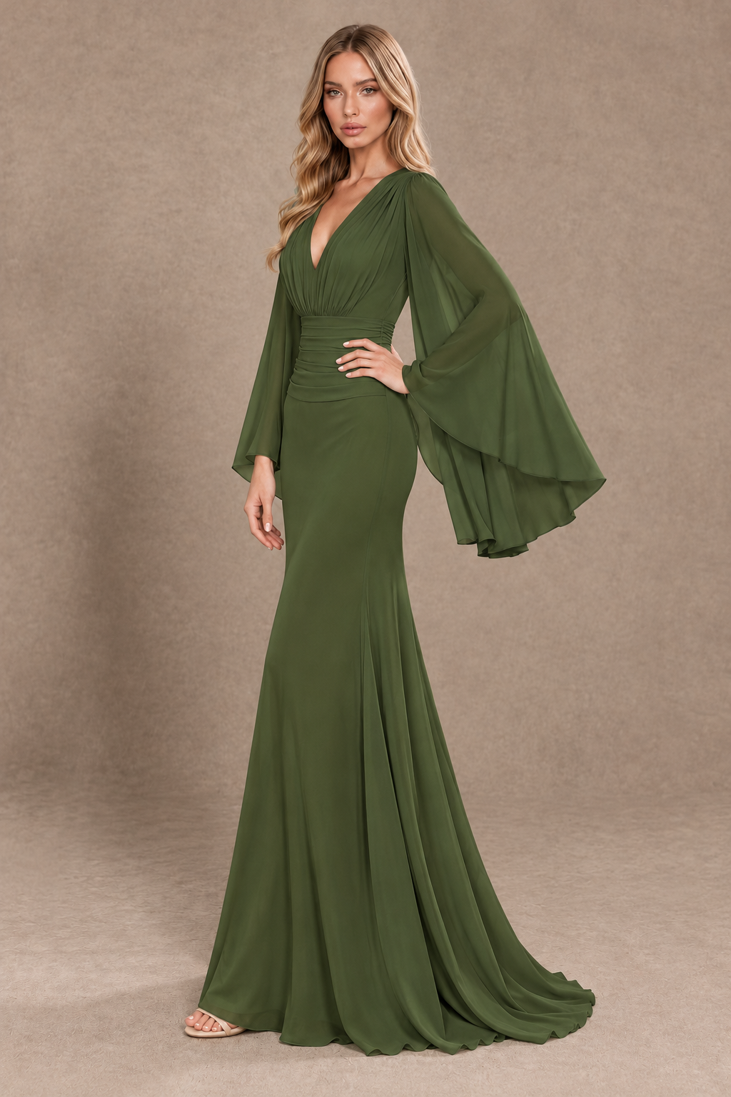 BOLODOO Olive Green Cape Sleeve V-Neck Ruched Chiffon Evening Dress - Olive Green - Olive Green_2