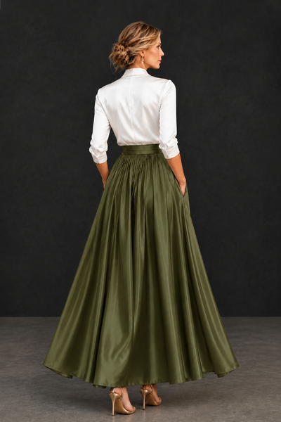 BOLODOO Olive Green and White V-Neck A-Line Mother of the Bride Dress - Olive Green - Olive Green_2