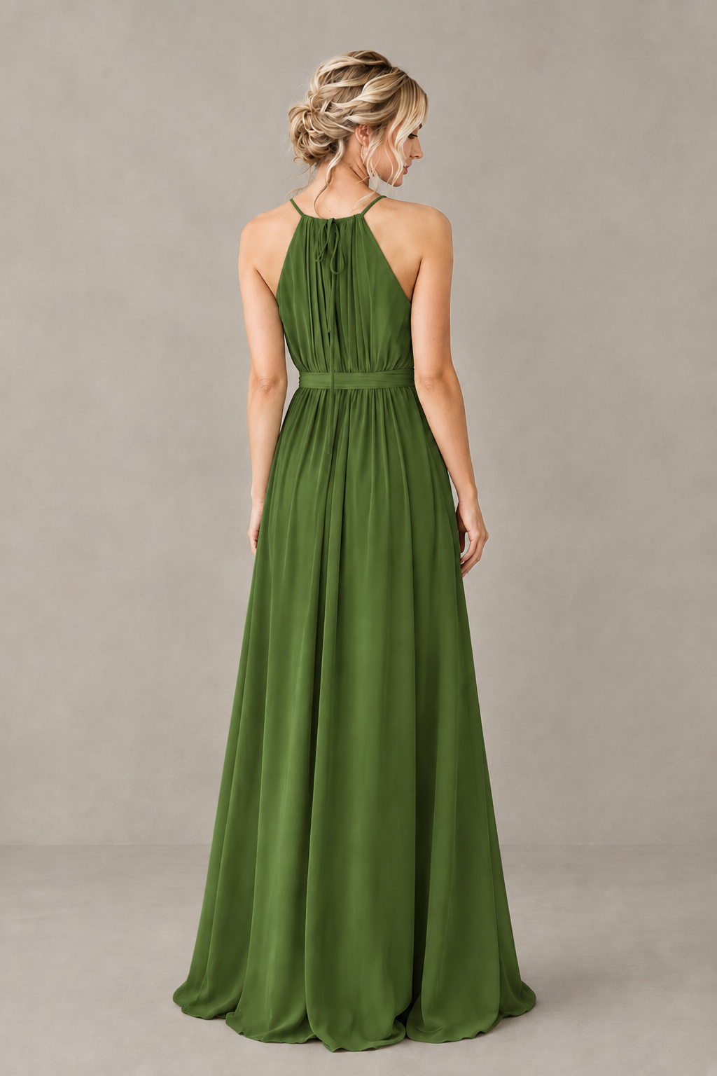 BOLODOO Olive Green Halter Chiffon Bridesmaid Dress with High Slit - Olive Green