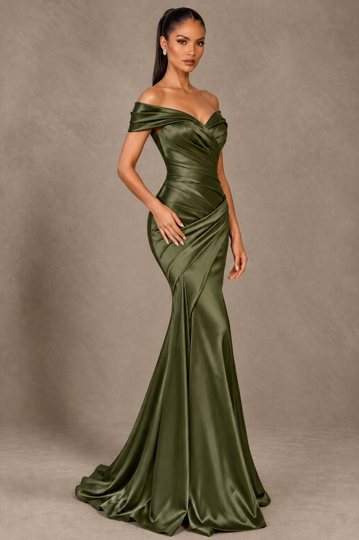 BOLODOO Olive Green Off-the-Shoulder Ruched Satin Mermaid Evening Dress - Olive Green - Olive_Green_2