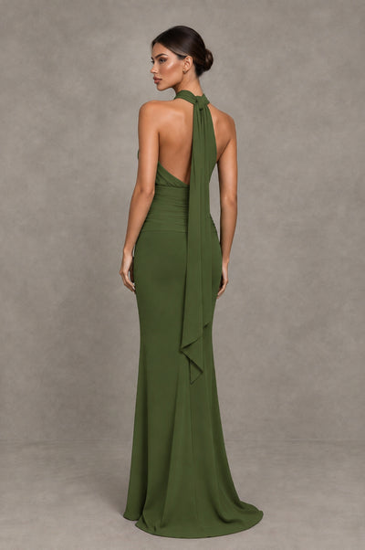 BOLODOO Olive Green Chiffon Halter Maxi Formal Wedding Guest Dress - Olive Green - Olive Green_2
