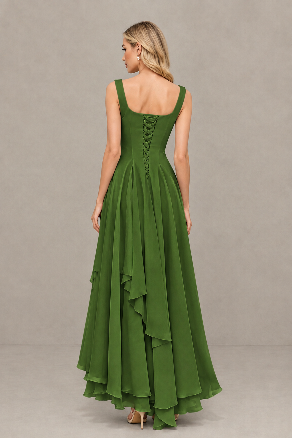 BOLODOO Olive Green Square Neck Chiffon Bridesmaid Dress with Lace-Up Back - Olive Green