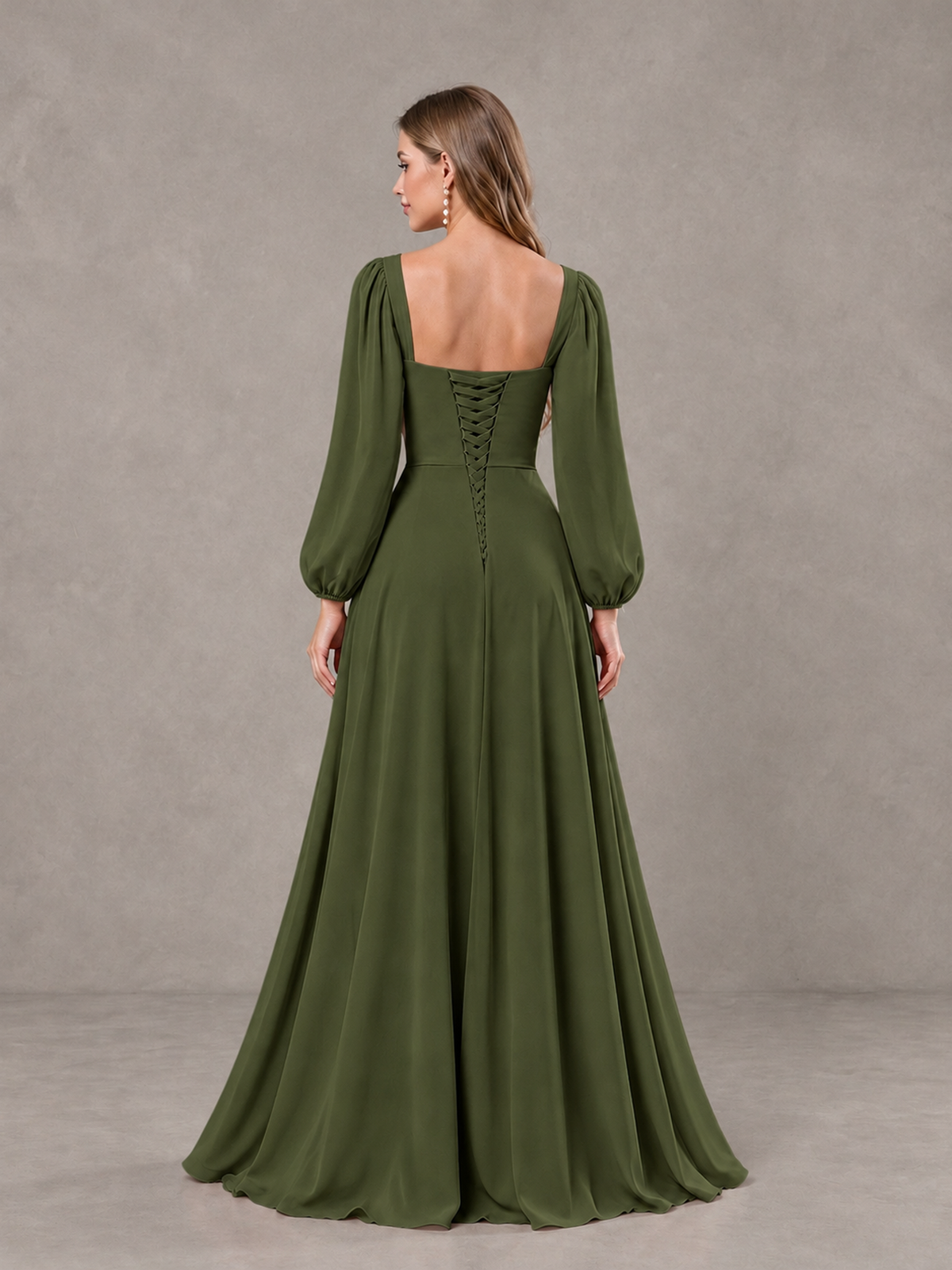 BOLODOO Olive Green Square Neck Long Sleeve Bridesmaid Dress with Ruffle Slit - Olive Green - Olive Green_2