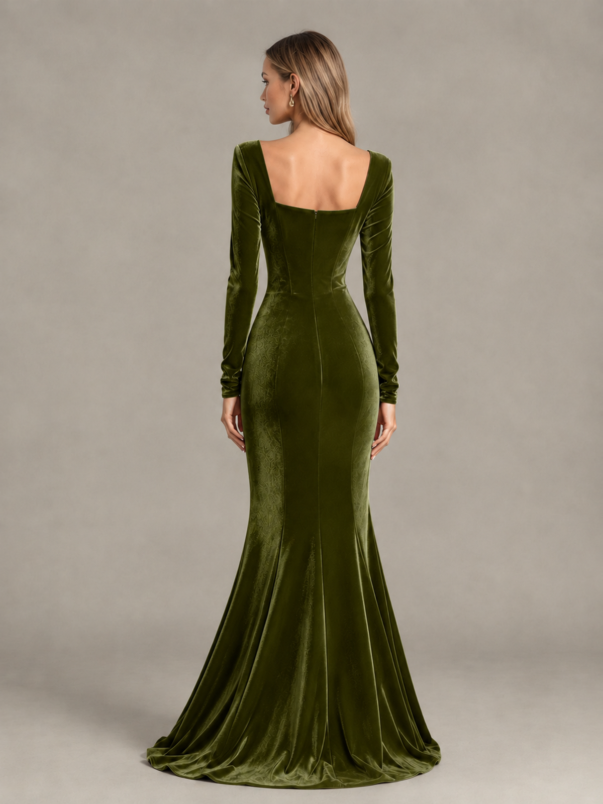 BOLODOO Olive Green Velvet-Look Square Neck Long Sleeve Mermaid Evening Dress - Olive Green - Olive Green_2