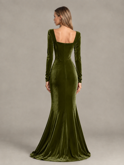 BOLODOO Olive Green Velvet-Look Square Neck Long Sleeve Mermaid Evening Dress - Olive Green - Olive Green_2