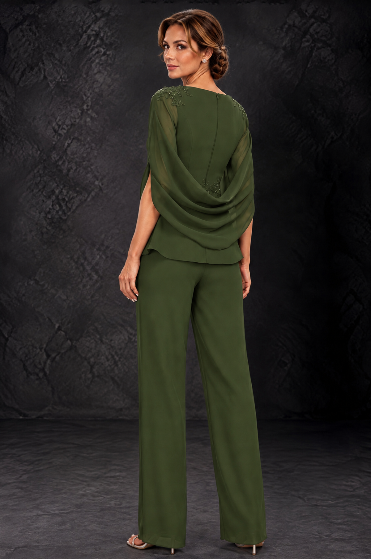 BOLODOO Olive Green Embellished Cape Sleeve Mother of the Bride Pantsuit - Olive Green - Olive_Green_2