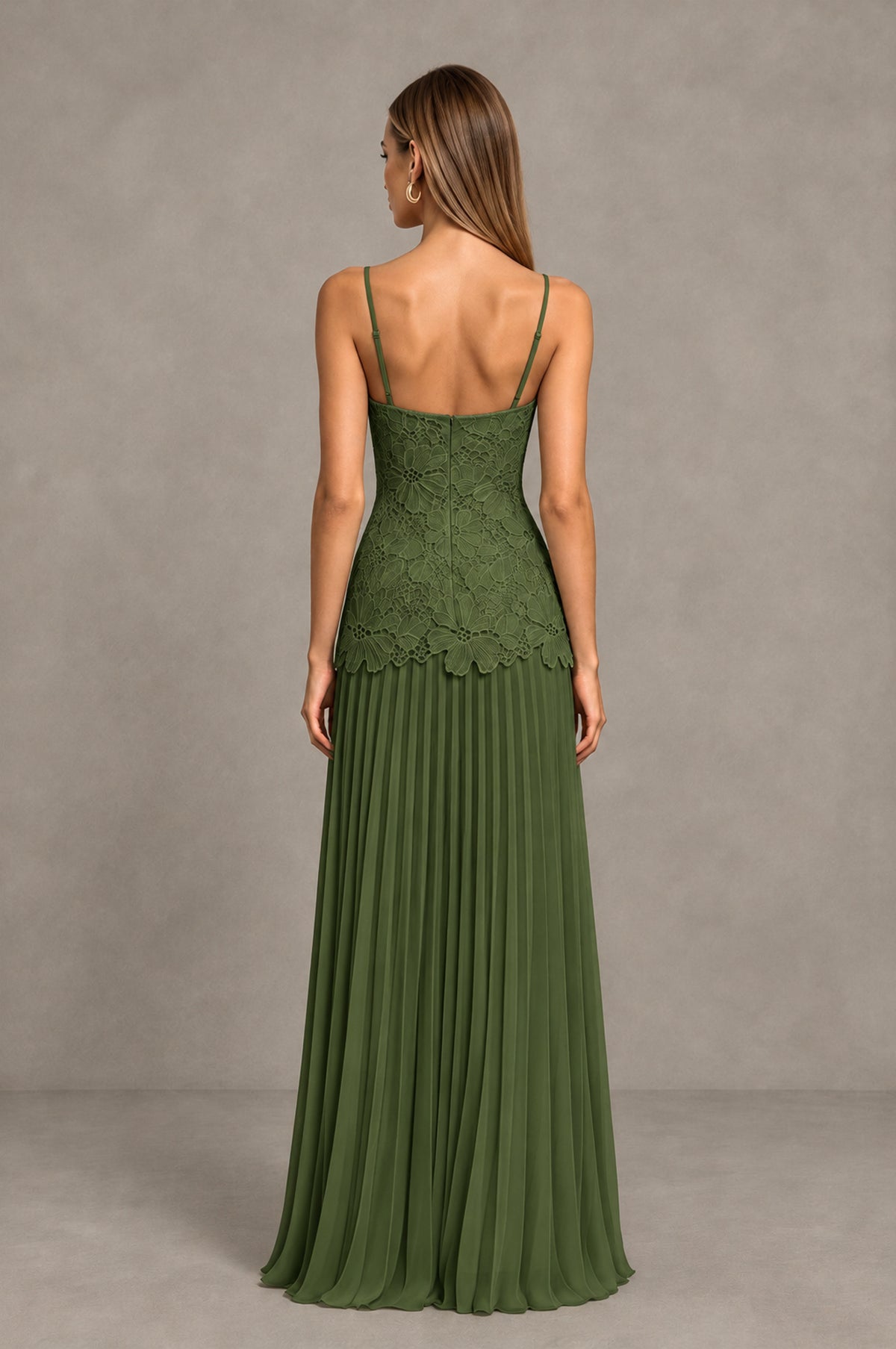 BOLODOO Olive Green Lace Bodice Pleated Wedding Guest Dress - Olive Green - Olive Green_2