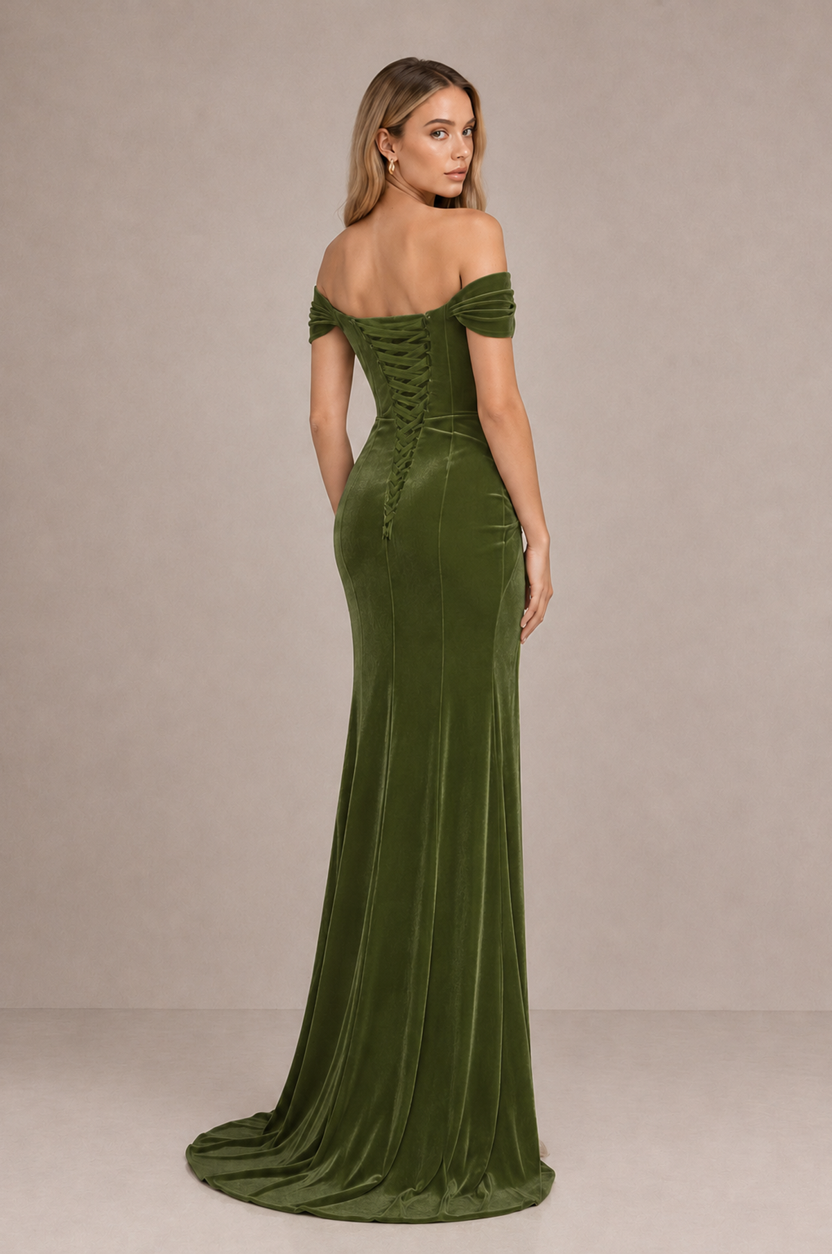 BOLODOO Olive Green Velvet Off-Shoulder Ruched High Slit Evening Dress - Olive Green - Olive_Green_2