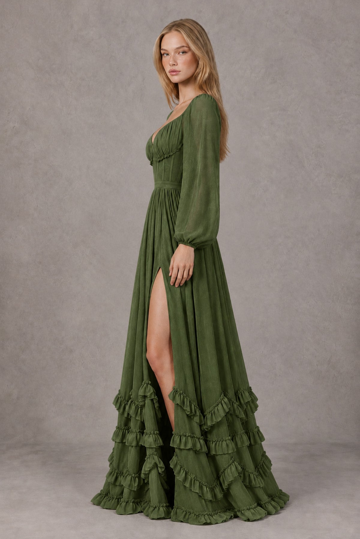 Olive Green Long-Sleeve Ruffle Maxi Dress with Lace-Up Back and Slit - Olive Green