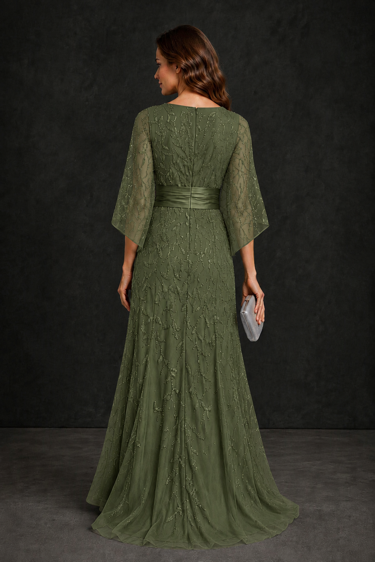 BOLODOO Olive Green Bateau Neck Bell Sleeve Sequin Embroidered Satin Waist A-Line Maxi Dress - Olive Green - Olive_Green_2