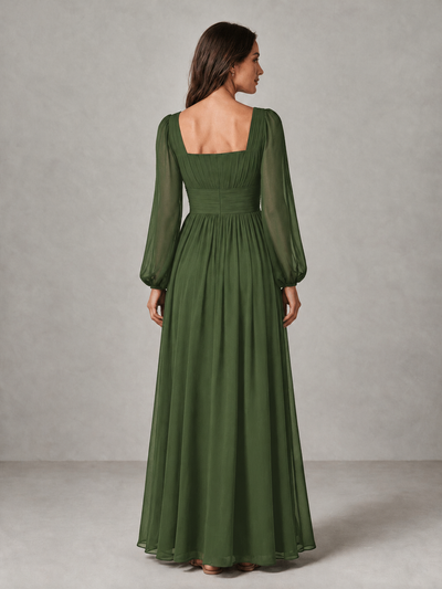 BOLODOO Olive Green Square Neck Long Sleeve Chiffon Bridesmaid Dress - Olive Green - Olive Green_2