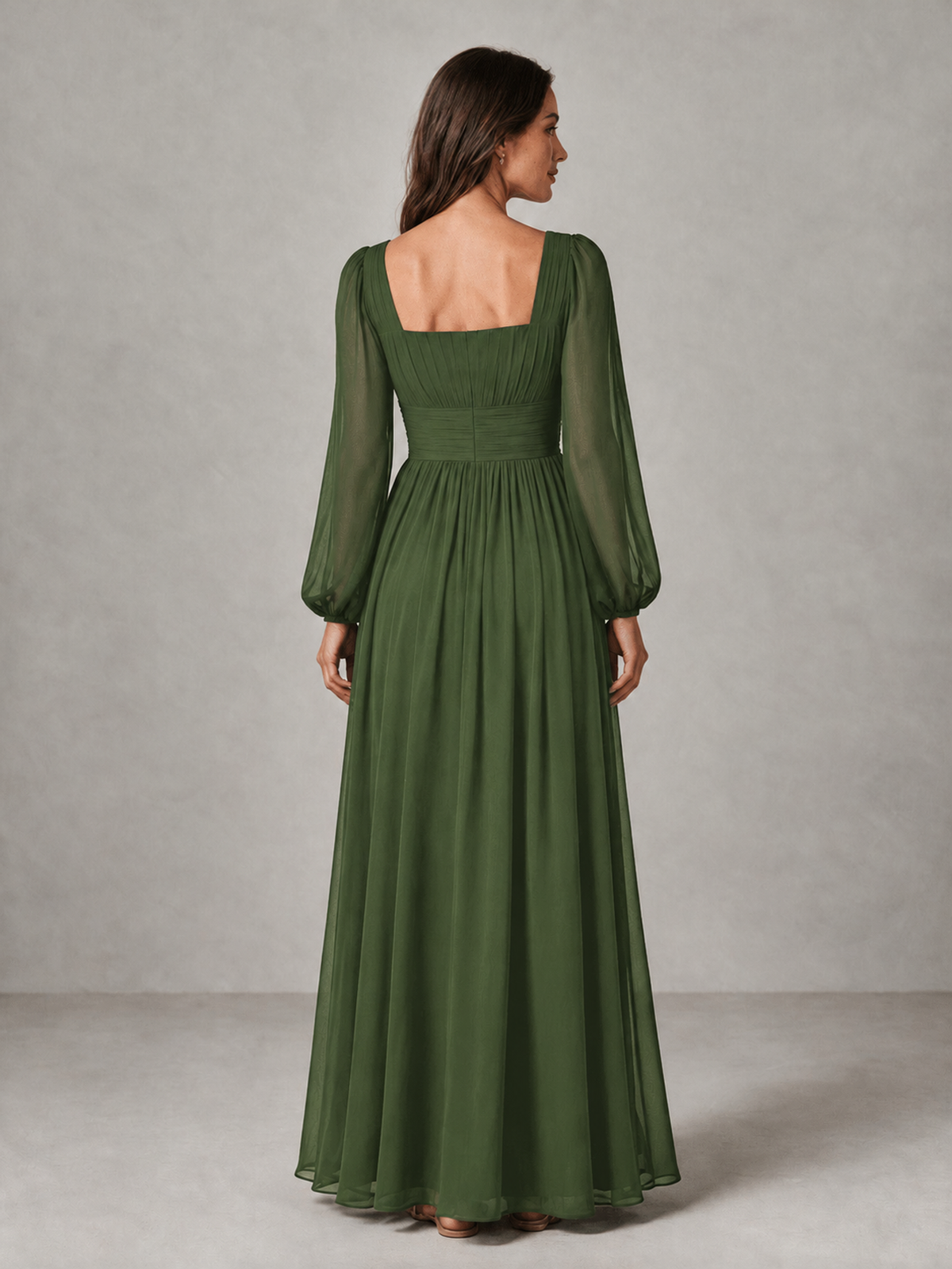 BOLODOO Olive Green Square Neck Long Sleeve Chiffon Bridesmaid Dress - Olive Green - Olive Green_2
