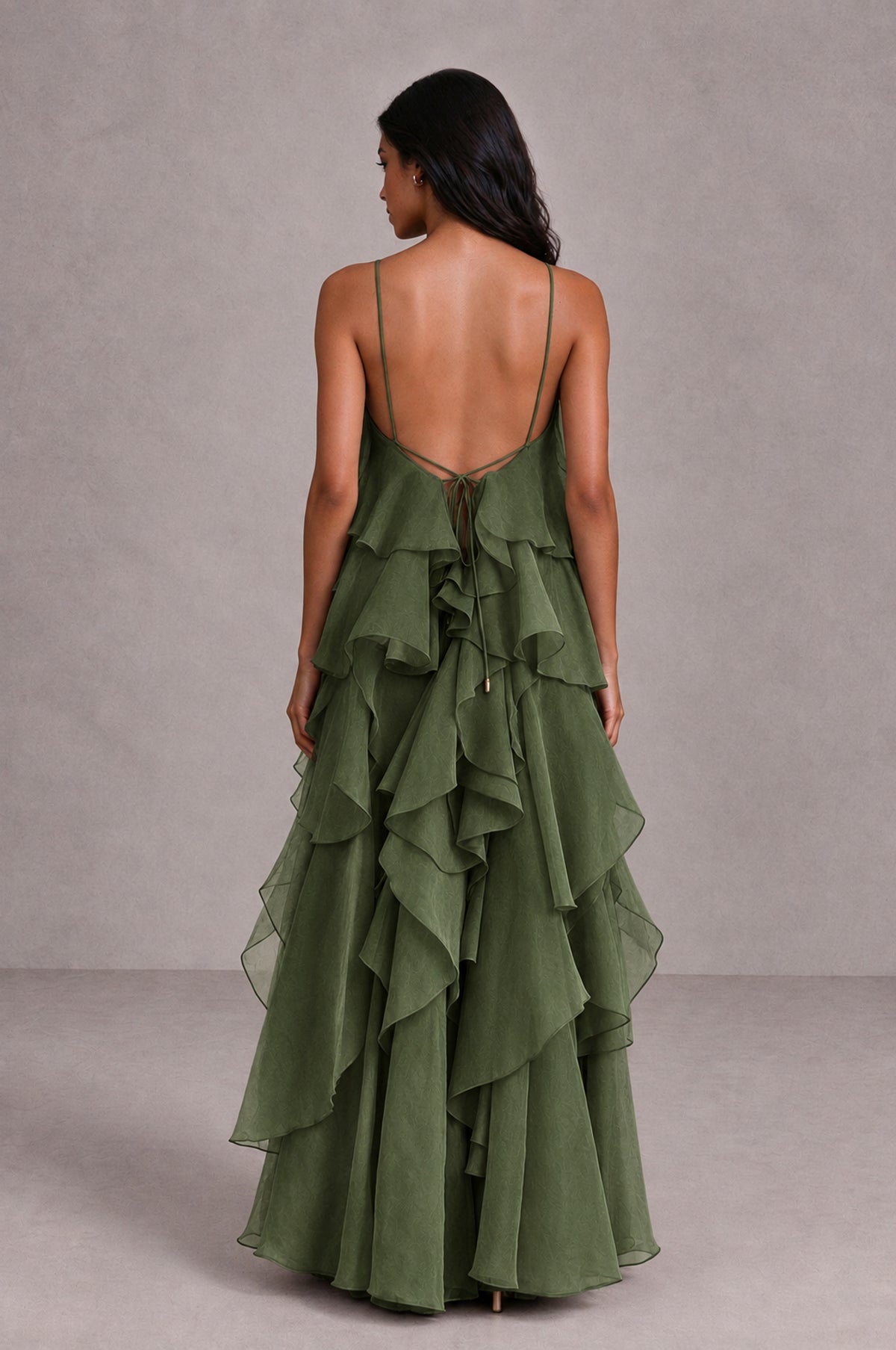 BOLODOO Olive Green Cascading Ruffle Rosette Open-Back Maxi Dress - Olive Green - Olive Green_2