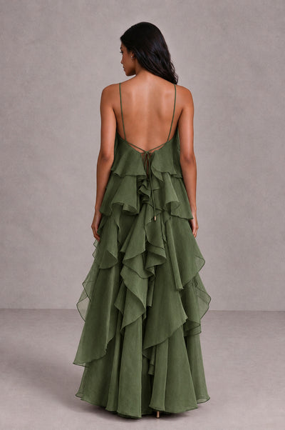 BOLODOO Olive Green Cascading Ruffle Rosette Open-Back Maxi Dress - Olive Green - Olive Green_2