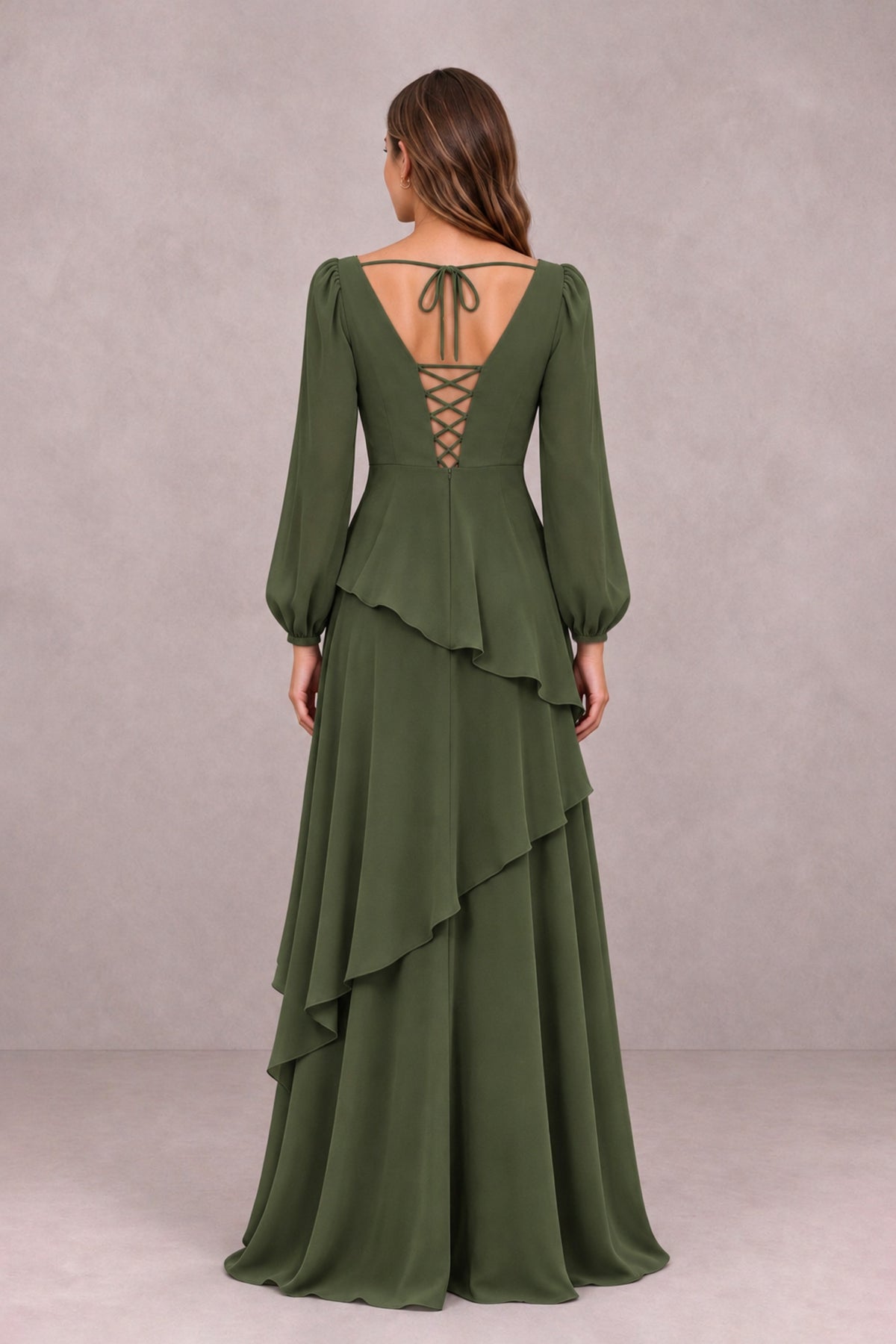 BOLODOO Olive Green Long Sleeve Ruffle Bridesmaid Dresses - Olive Green - Olive Green_2