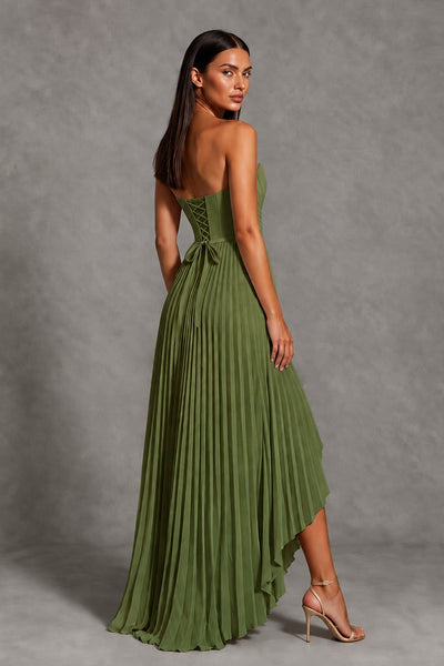 Olive Green Strapless Pleated High-Low Evening Gown with Ruffle Hem - Olive Green
