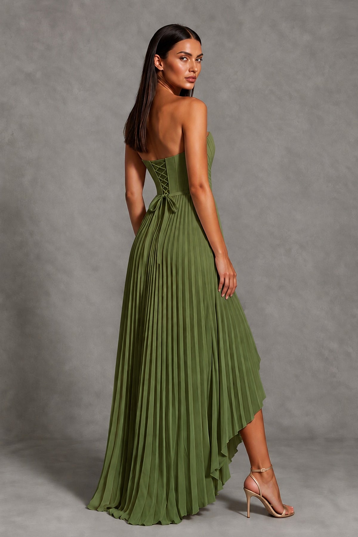 Olive Green Strapless Pleated High-Low Evening Gown with Ruffle Hem - Olive Green