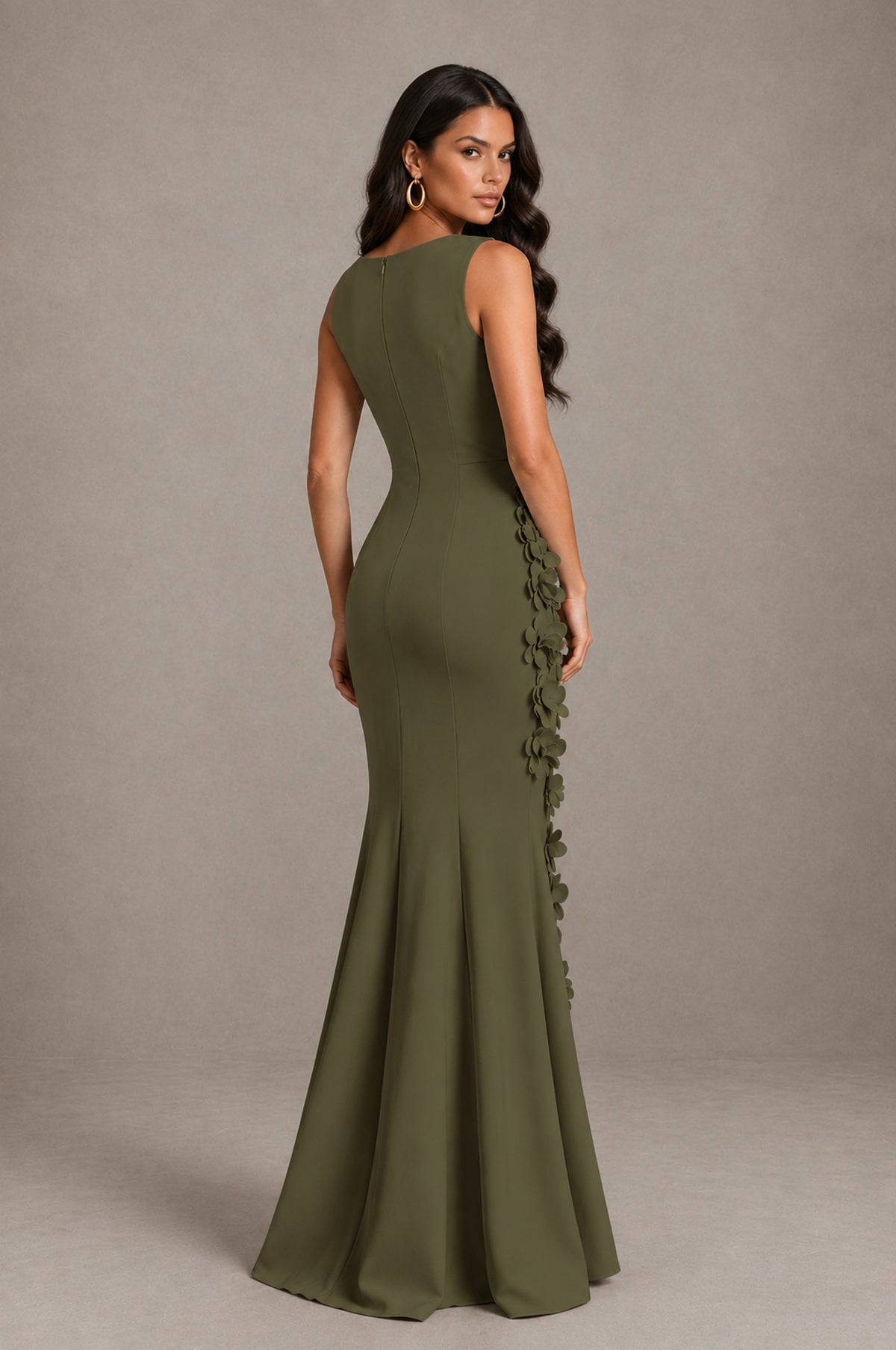 BOLODOO Olive Green Bateau Neck Sleeveless Asymmetric Peplum 3D Petal Appliqué Mermaid Gown BD0421 - Olive Green - Olive Green_2