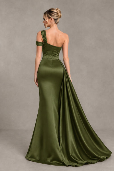 BOLODOO Olive Green Asymmetric Ruched Formal Evening Dress - Olive Green - Olive Green_2