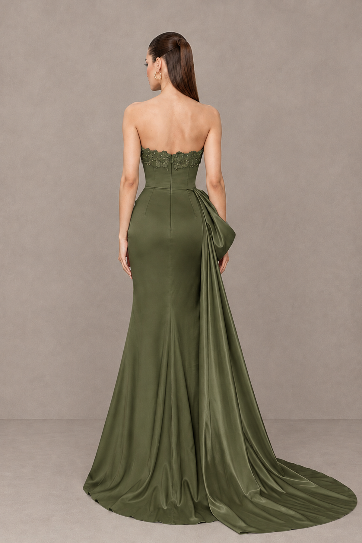BOLODOO Olive Green Strapless Satin Prom Dress with Draped Side Train - Olive Green - Olive_Green_2