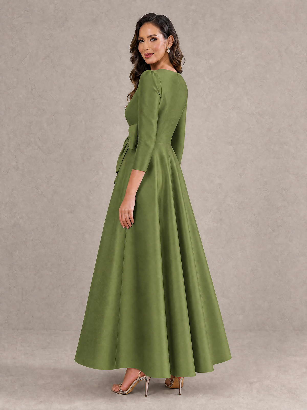 BOLODOO Olive Green Satin Deep V-Neck Wrap 3/4 Puff Sleeve A-Line Ball Gown Maxi Dress with Oversized Bow Belt - Olive Green