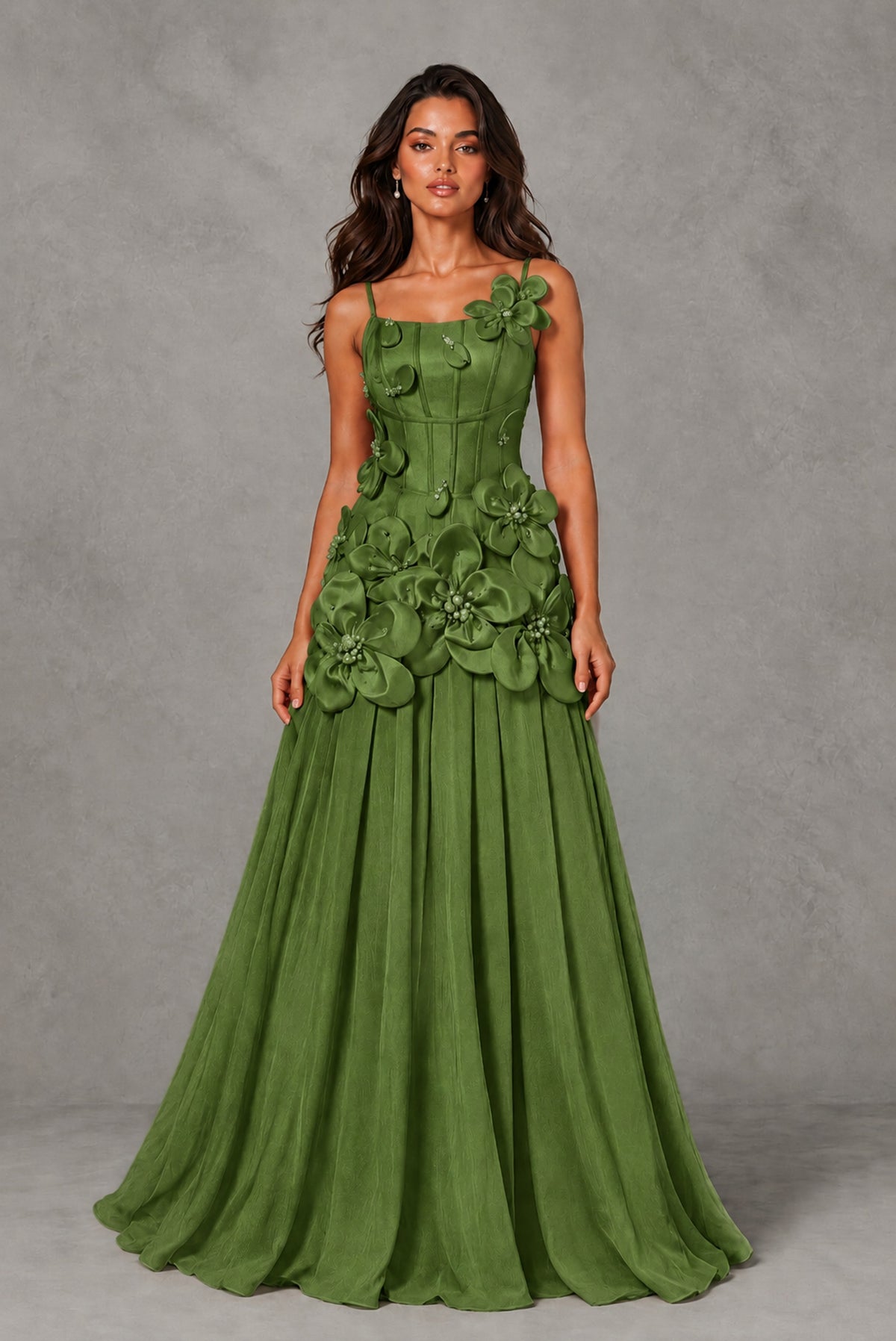 BOLODOO Olive Green 3D Floral Appliqué Floor-Length A-Line Evening Gown - Olive Green