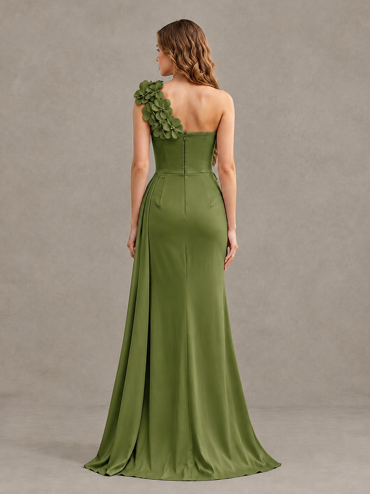 BOLODOO Olive Green One-Shoulder Satin Mermaid Evening Gown with 3D Floral Appliqué - Olive Green - Olive Green_2
