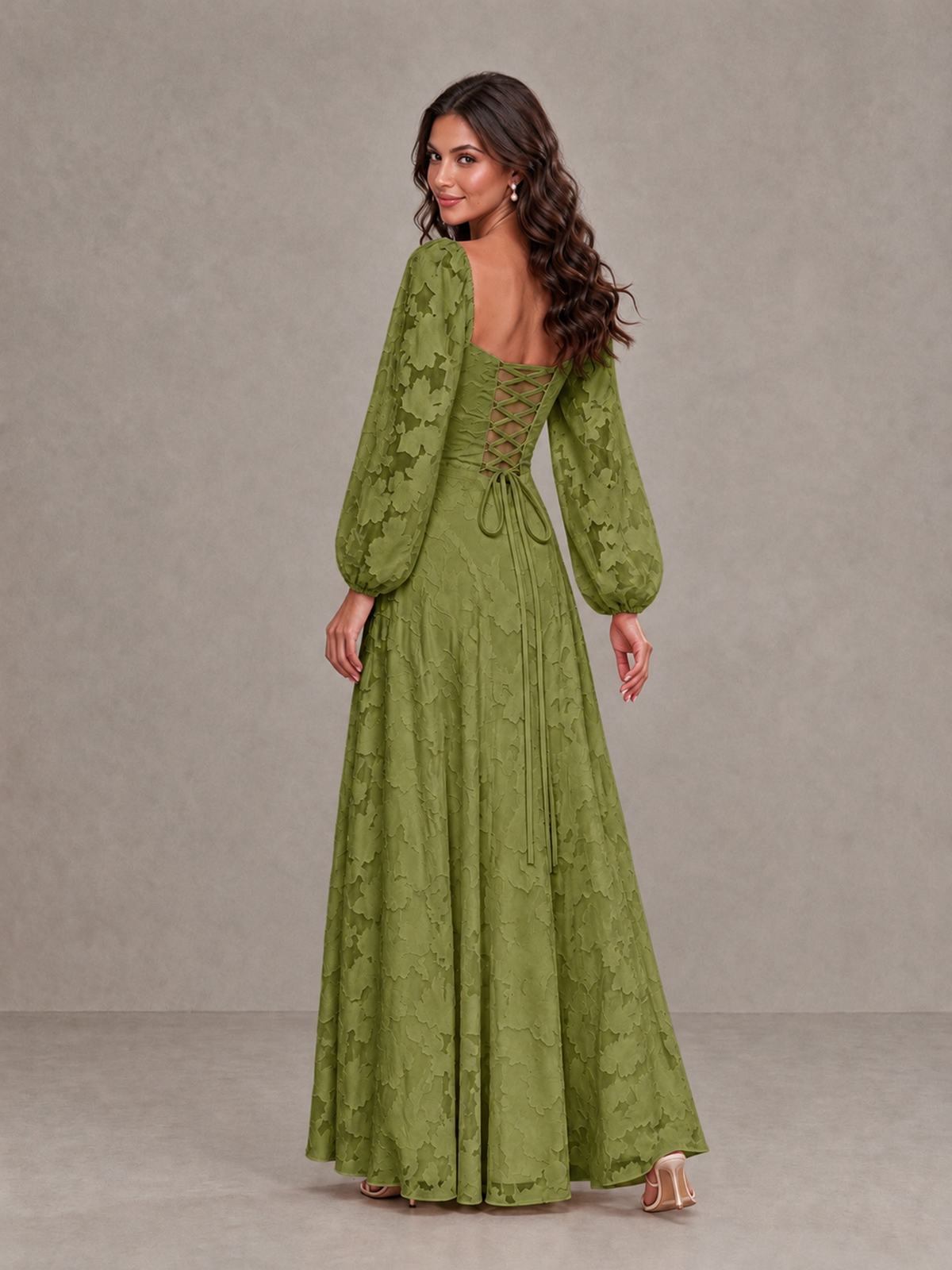BOLODOO Olive Green Floral Long Sleeve A-Line Bridesmaid Dress - Olive Green - Olive Green_2