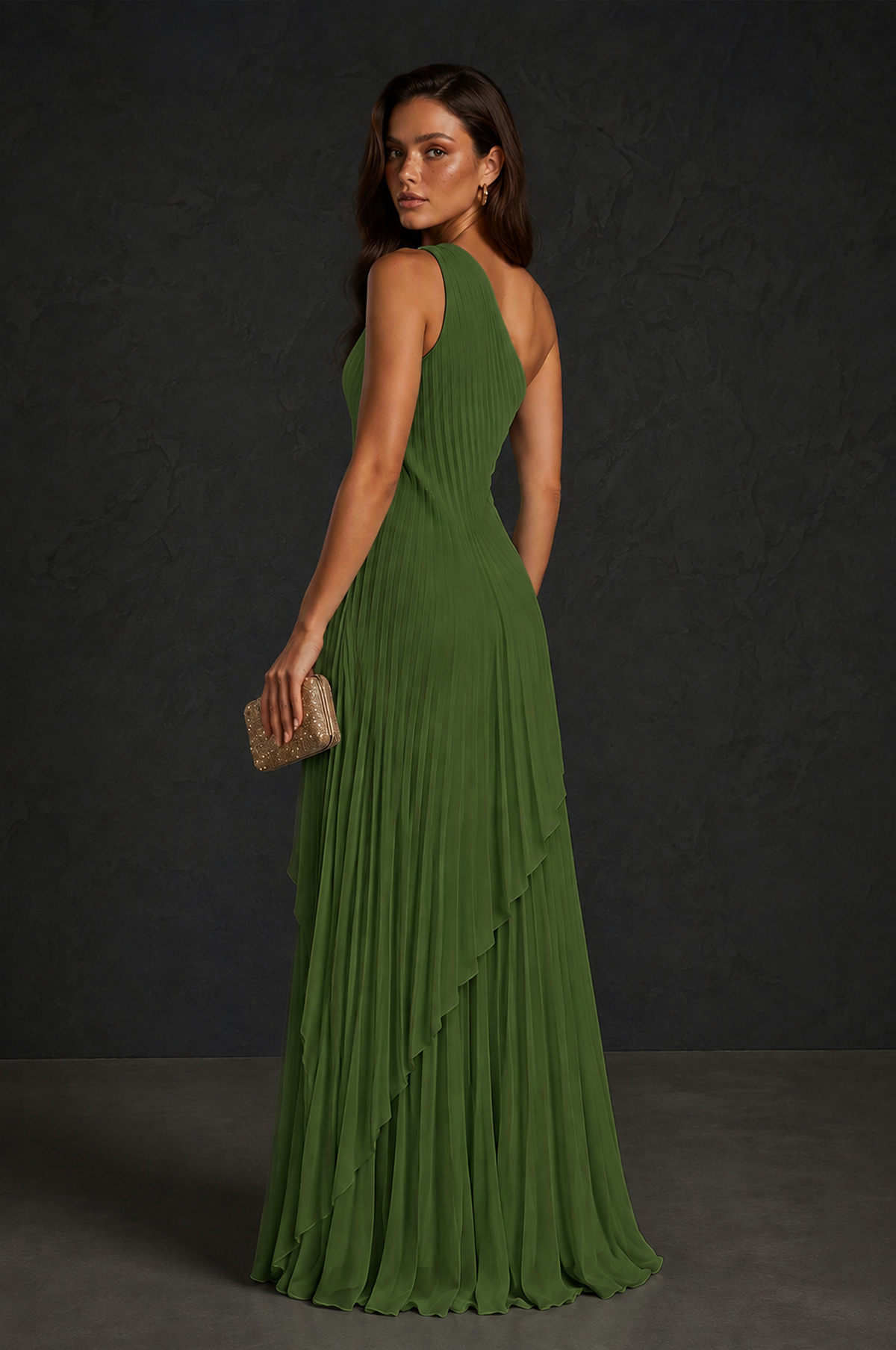 BOLODOO Olive Green One-Shoulder Sunburst Pleated Asymmetric Layered Overlay Accordion Pleated Chiffon Maxi Dress - Olive Green