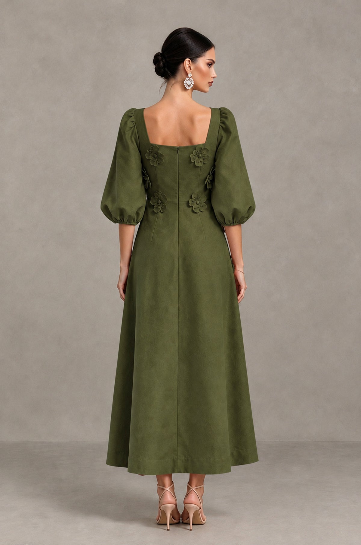 BOLODOO Olive Green 3D Floral Puff Sleeve Midi Cocktail Dress - Olive Green - Olive Green_2