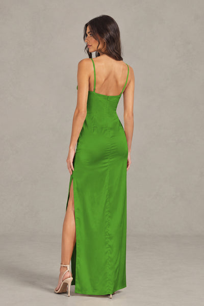 BOLODOO Olive Green Satin Cowl Neck Open Back Mermaid Maxi Dress with Side Slit - Olive Green