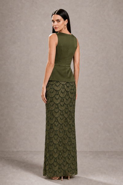 BOLODOO Olive Green Sleeveless Satin & Lace Peplum Evening Dress - Olive Green - Olive_Green_2