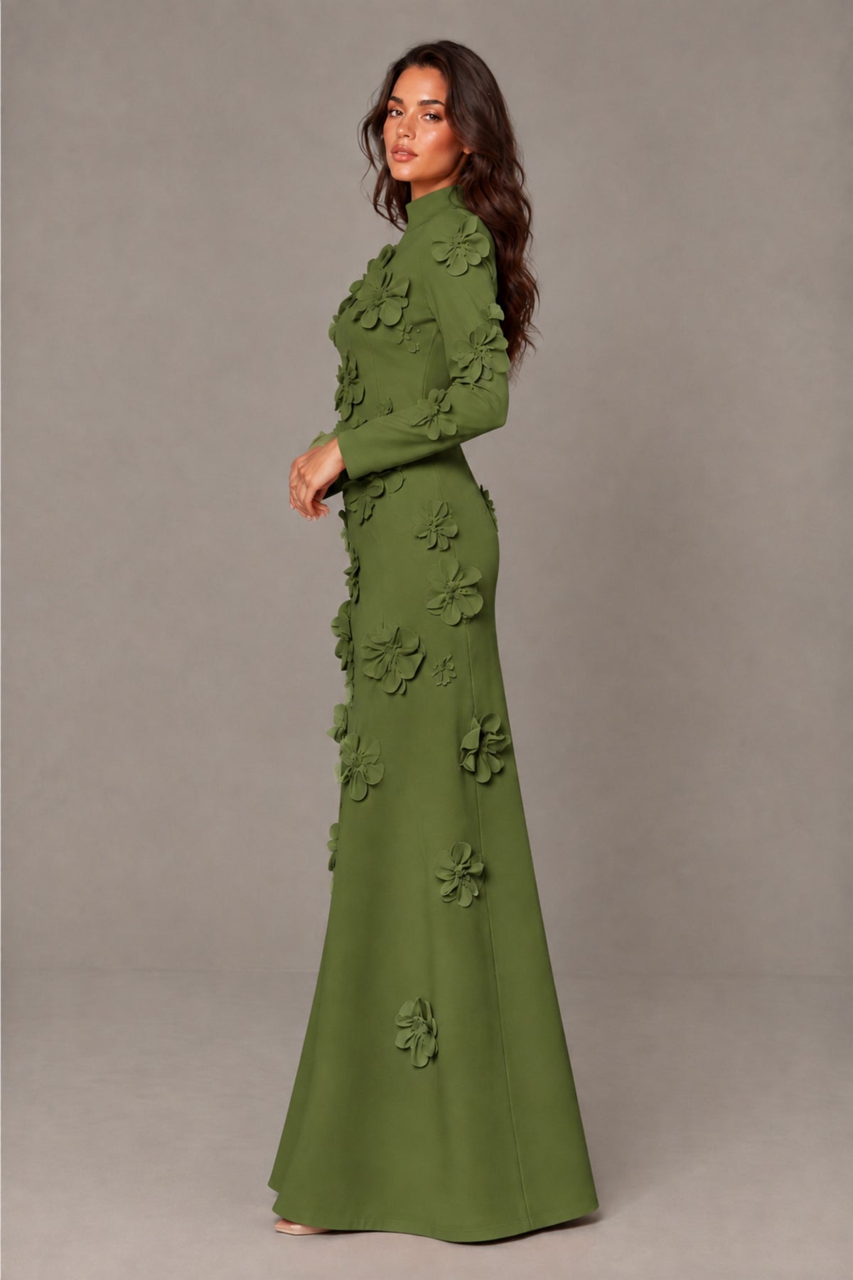 BOLODOO Olive Green High Neck Long Sleeve 3D Floral Evening Gown - Olive Green