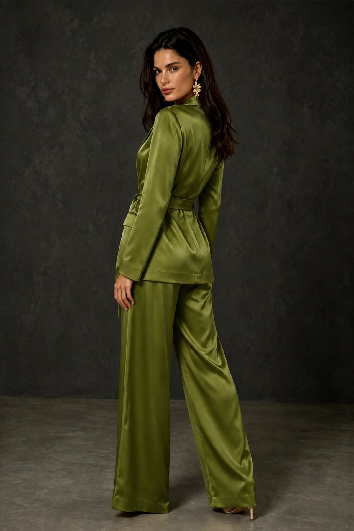 BOLODOO Olive Green Satin Wrap Blazer Wide-Leg Pants Two-Piece Suit Set – Evening Gala Wedding Guest - Olive Green
