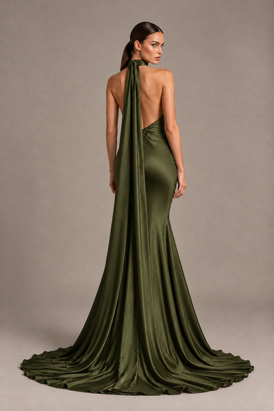 BOLODOO Olive Green One-Shoulder Satin Mermaid Evening Dress with Scarf - Olive Green - Olive Green_2