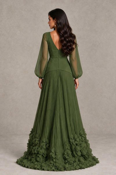 BOLODOO Olive Green V-Neck Long Sleeve Pleated Floral Hem Evening Dress - Olive Green - Olive Green_2