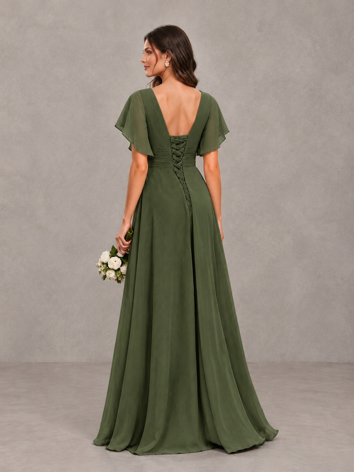 BOLODOO Olive Green Flutter Sleeve V-Neck Bridesmaid Dress with Ruffle Slit - Olive Green - Olive Green_2