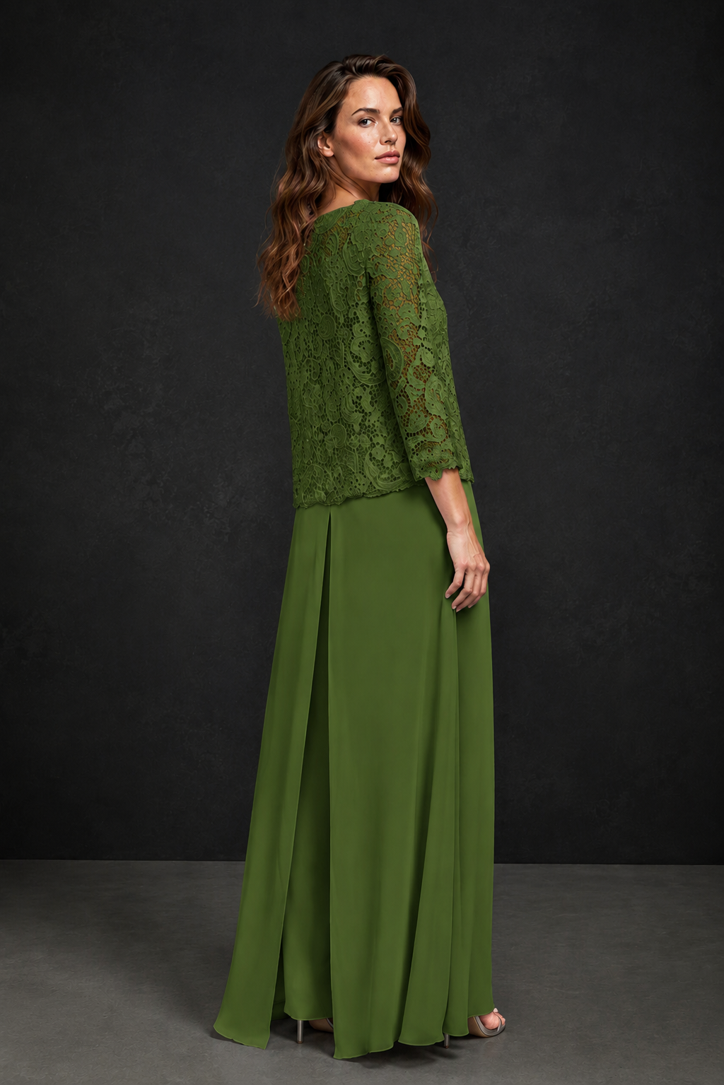 BOLODOO Olive Green Grey Lace Peplum Top & Wide-Leg Chiffon Pants Set | Mother of the Bride & Formal Evening Outfit - Olive Green
