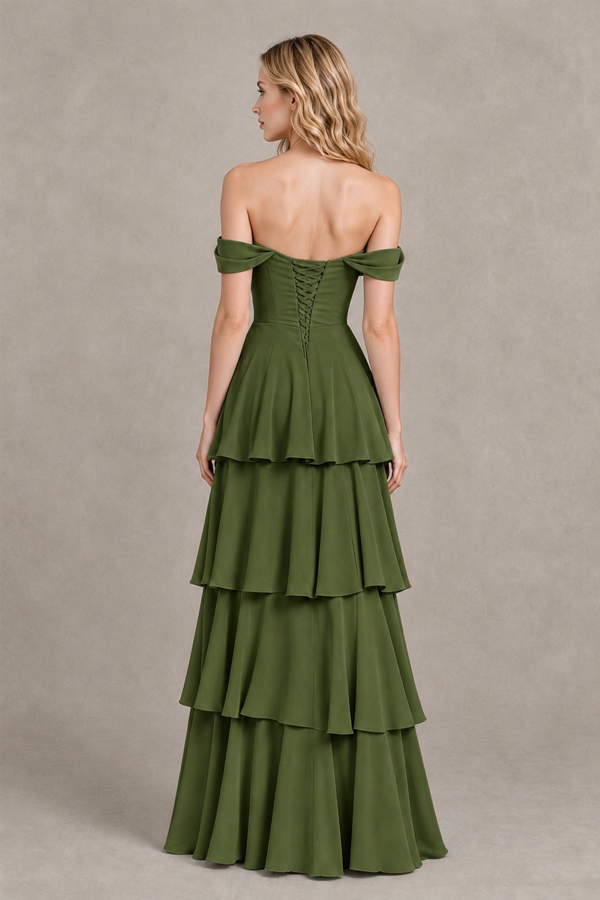 BOLODOO Olive Green Off-the-Shoulder Tiered A-Line Evening Bridesmaid Dress - Olive Green - Olive Green_2