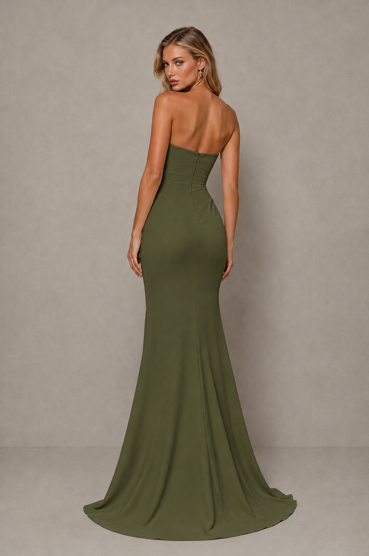 BOLODOO Olive Green Strapless Sweetheart Ruched Mermaid Gown | Cascade Drape Formal Evening Dress - Olive Green - Olive_Green_2
