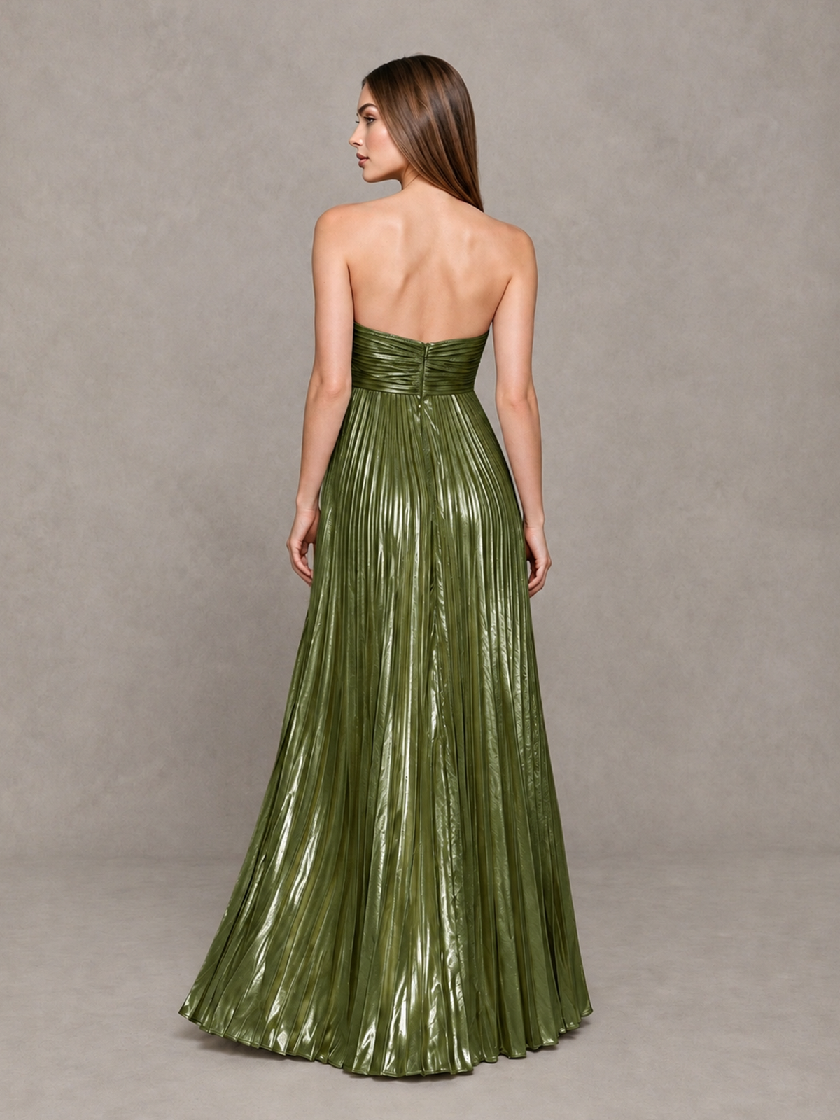 BOLODOO Olive Green Strapless Sweetheart Metallic Pleated Maxi Dress - Olive Green - Olive Green_2
